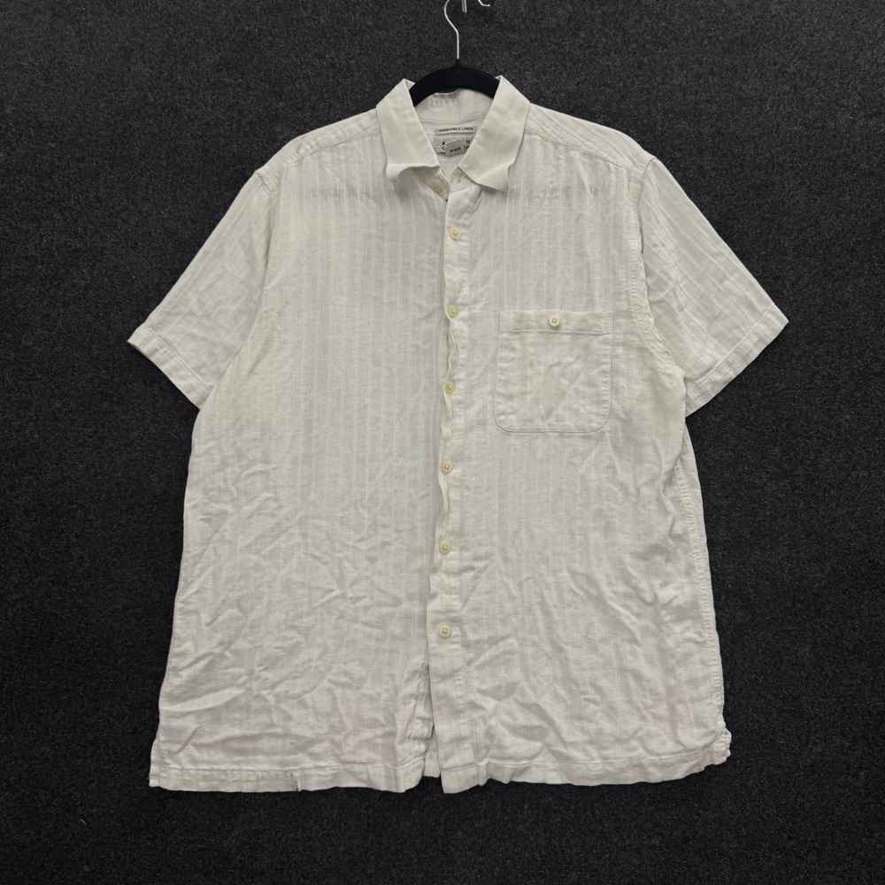 Ron Chereskin Mens White Washable Linen Blend Textured Stripe 90s Shirt Large